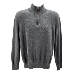 Tommy Hilfiger Mens Large Sweater 1/4 Zip Gray Long Sleeve Stand Up Neck Cotton